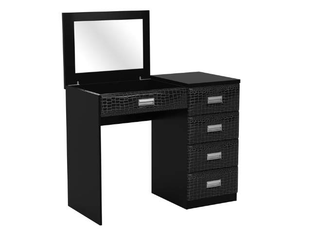 Туалетный стол Como/Veda с зеркалом (4 ящика) правый, цвет: ЛДСП Черный/Экокожа Кайман Черный Туалетный стол Como/Veda с зеркалом (4 ящика) правый, цвет: ЛДСП Черный/Экокожа Кайман Черный
